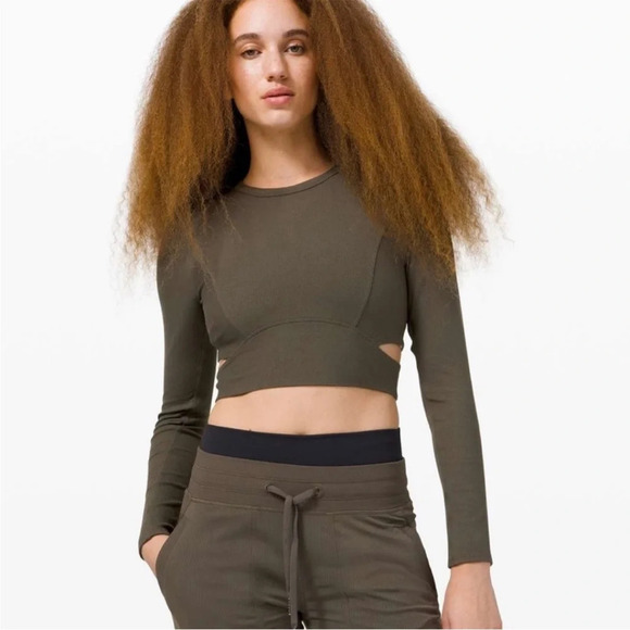 Lululemon LA Cut-Out Waist Crop Long Sleeve Olive Green Size 2 B9 - Picture 1 of 8
